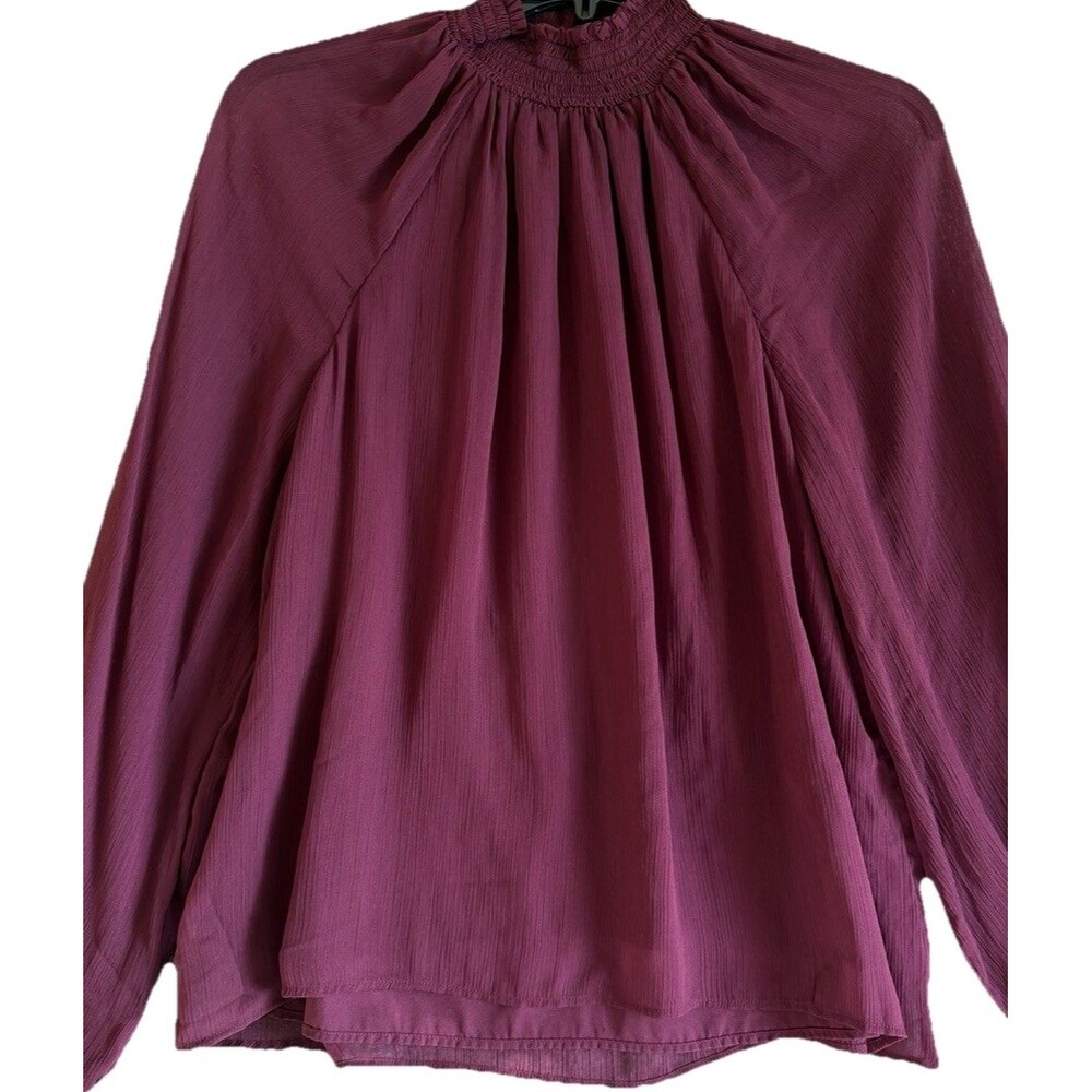 Joie Deep Wine Smocked Neck Blouse XL Sheer Balloon Sleeve Chiffon Overlay Boho